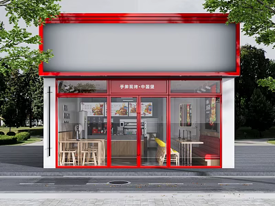 Chinese Restaurant With Red Signage White Walls Glass Windows Tables Chairs And Menu Posters 3d model