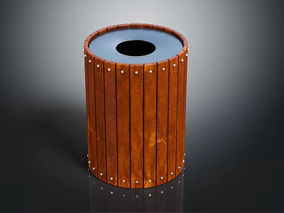 Wooden Cylindrical Trash Can With Vertical Slats And Metal Rivets Black Top 3d model