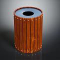 Wooden Cylindrical Trash Can With Vertical Slats And Metal Rivets Black Top