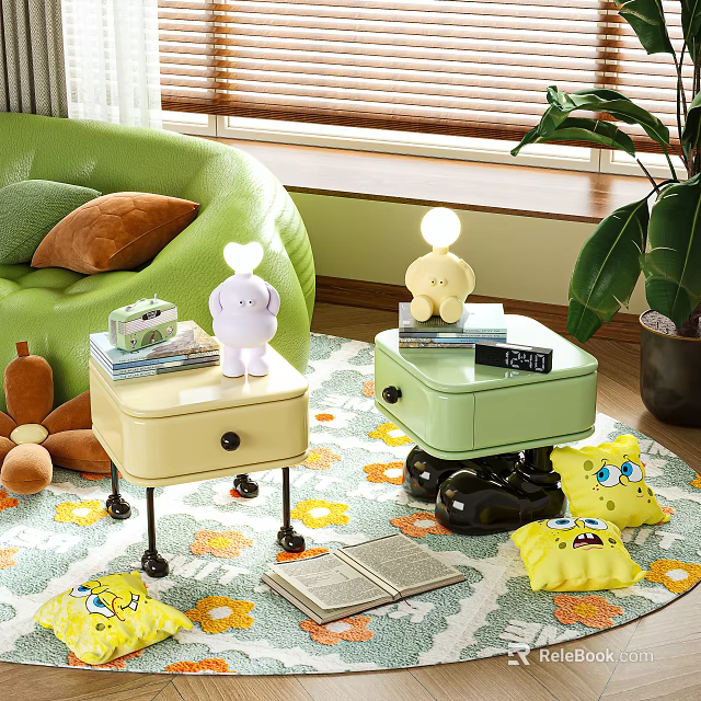 Cute Green And Beige Nightstands With Cartoon Toys Lamp Clock And Books 3d model 