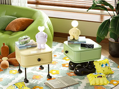 Cute Green And Beige Nightstands With Cartoon Toys Lamp Clock And Books 3d model