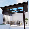 Modern Garden Pavilion With Black Frame Glass Skylight White Wall Outdoor Seating And Green Plants