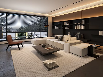Modern Living Room Interior With White Sofa Coffee Table Built In Bookshelves And Area Rug 3d model