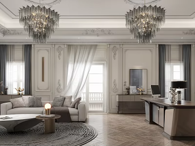 Luxurious Study Room With Chandeliers Sofa And Desk 3d model
