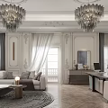 Luxurious Study Room With Chandeliers Sofa And Desk 3d model