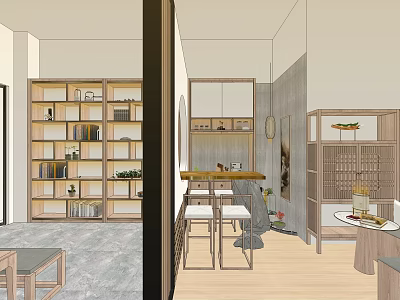 Modern Tea Room Interior With Wooden Shelves Counter Stools And Decorative Items 3d model