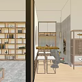 Modern Tea Room Interior With Wooden Shelves Counter Stools And Decorative Items