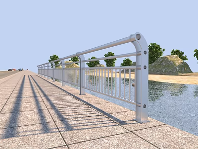 Stainless Steel Railing Along Waterfront Roadside With Stone Pavement And Green Trees 3d model