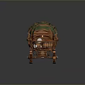 Vintage Wooden Carriage With Green Canopy Decorative Barrels And Purple Flowers
