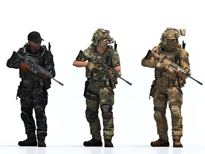 Game Movie Characters as Military Soldiers Armed with Rifles in Different Camouflage Uniforms Standing Pose 3d model