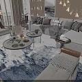 Elegant Modern Sofa Coffee Table Set With Blue White Rug Decorative Pillows And Lighting 3d model