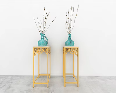 Gold Console Tables with Turquoise Vases and Dried Branches in Entryway 3d model