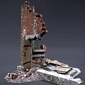 Damaged Brick Wall Structure With Wooden Door Window Frame And Concrete Base Debris