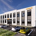Modern Industrial Factory Building With Large Glass Curtain Walls Lawn And White Flowers
