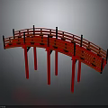 Traditional Red Arch Bridge Structure With Wooden Railings And Supporting Pillars