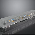 Modern Silver Train Model with Multiple Carriages and Windows Showing Interior Details on Reflective Surface