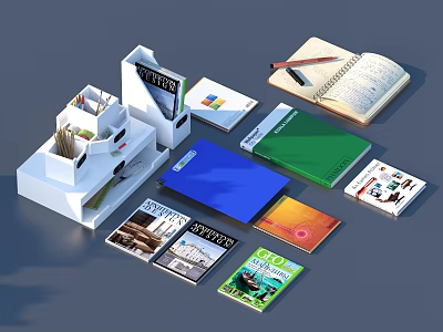 Organized Office Supplies Setup Featuring Bookcase Open Notebook Colorful Folders And Books 3d model