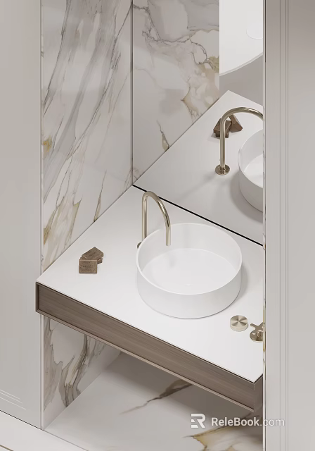 Modern Bathroom Cabinet Rack With White Basin Gold Faucet And Marble Wall Mirror 3d model 