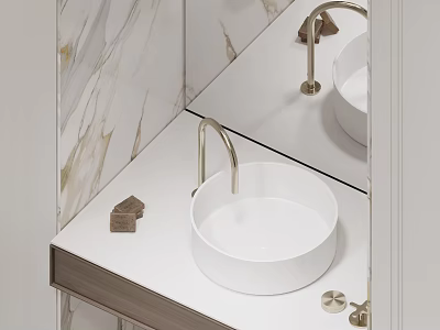 Modern Bathroom Cabinet Rack With White Basin Gold Faucet And Marble Wall Mirror 3d model