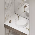 Modern Bathroom Cabinet Rack With White Basin Gold Faucet And Marble Wall Mirror