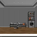 Modern Storage Shelf Unit Over Washing Machine In Living Room With Sofa And Window