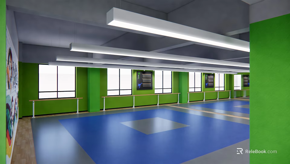 Indoor Fitness Training Space With Blue Floor Green Walls And Large Windows For Workouts 3d model 