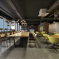 Modern Public Office Space Interior With Open Layout Wooden Tables Hanging Lamps And Green Plants