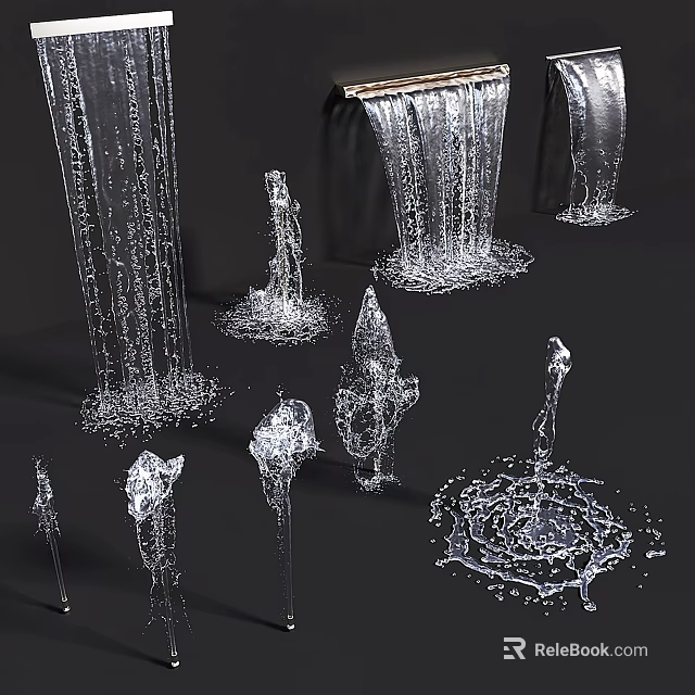 Various Dynamic Water Effects Showcasing Waterfall Splashes Ripples And Flowing Motion 3d model 