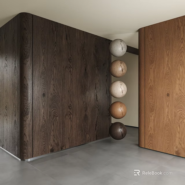 Dark Wood Wall With Vertical Spherical Decor In Various Tones 3d model 