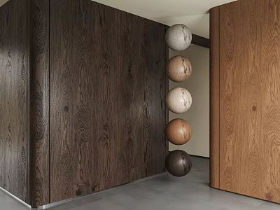 Dark Wood Wall With Vertical Spherical Decor In Various Tones 3d model