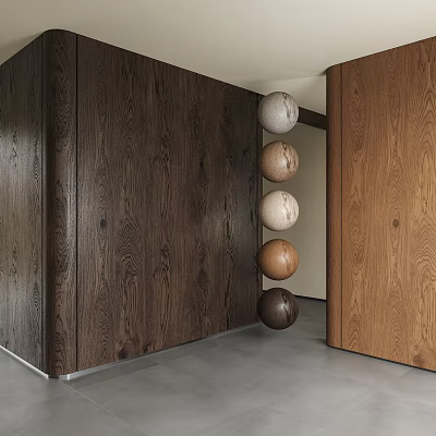 Dark Wood Wall With Vertical Spherical Decor In Various Tones 3d model
