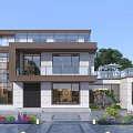 Modern Detached Villa With Two Story Design Large Glass Windows Garden Landscape And Stone Pathway