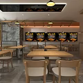 Modern Restaurant Interior With Wooden Tables Chairs Hanging Lights And Display Shelves