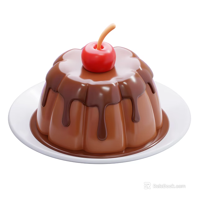Chocolate Pudding Topped With Fresh Cherry And Drizzled Chocolate Sauce On White Plate 3d model 