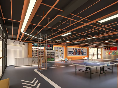 Indoor Sports Fitness Space With Ping Pong Tables Display Area And Arrow Floor Signs 3d model