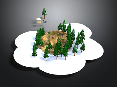 3D Scenic Design With Circular Ground Green Trees Small House People And Cloud Like Edges 3d model