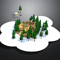 3D Scenic Design With Circular Ground Green Trees Small House People And Cloud Like Edges