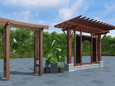 Wooden Pergola Structure With Green Plants And Trees In Outdoor Stone Pavement Area 3d model