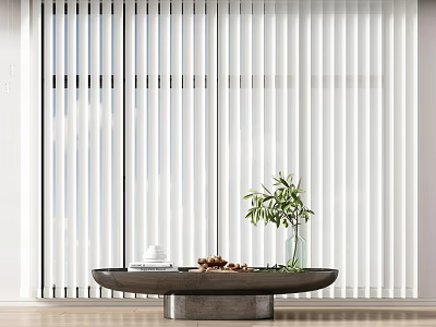 White Vertical Blinds In Modern Living Space With Coffee Table Plant And Cup 3d model