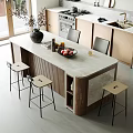 Modern Dining Table Set With Marble Countertop Wooden Base And Bar Stools In Kitchen 3d model