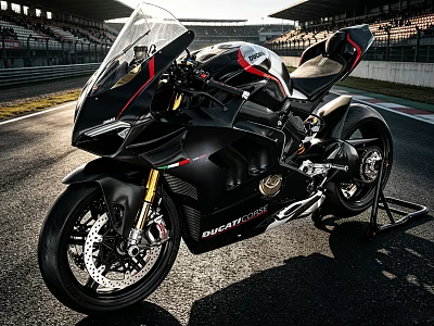 Sleek Black Ducati Sport Motorcycle With Red Accents On Race Track 3d model