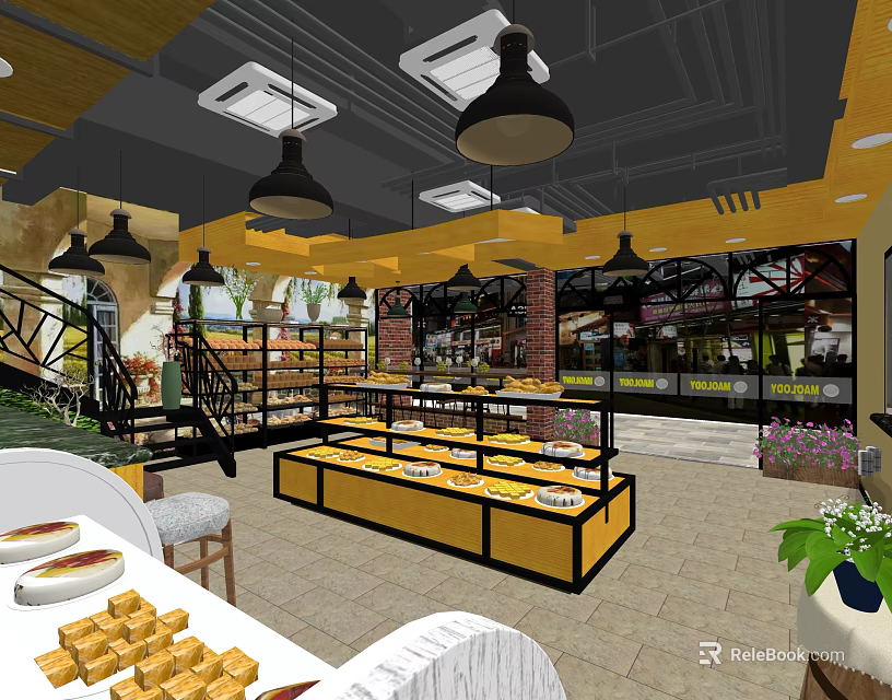 Charming Dessert Shop Interior Featuring Display Counters Fresh Desserts Pendant Lights And Green Plants 3d model 
