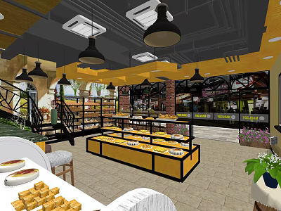 Charming Dessert Shop Interior Featuring Display Counters Fresh Desserts Pendant Lights And Green Plants 3d model