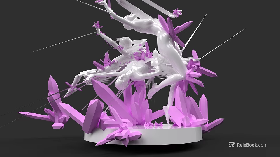 Game and Movie Character 3D Sculpture With White Figures Dynamic Poses And Purple Crystals 3d model 