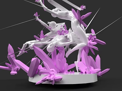 Game and Movie Character 3D Sculpture With White Figures Dynamic Poses And Purple Crystals 3d model