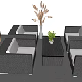 Gray Wicker Outdoor Sofa Set With White Cushions Coffee Table And Green Plant