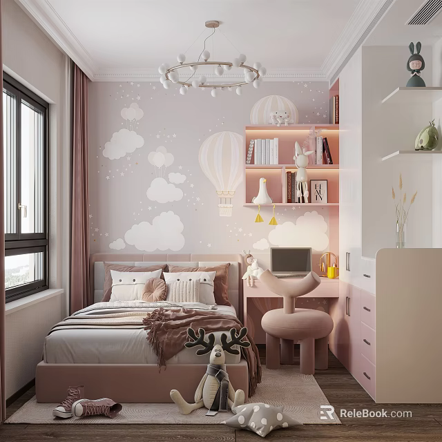 Pink Kids Room Interior With Cloud Wallpaper Hot Air Balloon Decor Study Desk And Bookshelf 3d model 