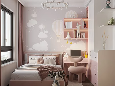 Pink Kids Room Interior With Cloud Wallpaper Hot Air Balloon Decor Study Desk And Bookshelf 3d model
