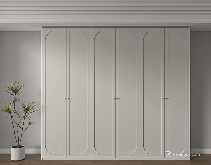 Modern White Wardrobe with Curved Doors Gold Handles Green Plant and Gray Wall 3d model 
