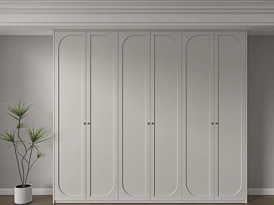 Modern White Wardrobe with Curved Doors Gold Handles Green Plant and Gray Wall 3d model